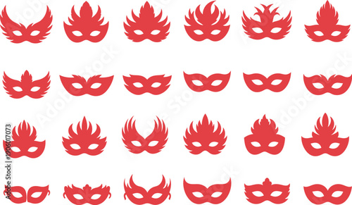 A rich conceptual assortment of elegant red masks, ideal for symbolic representation, festive events, and creative design projects
