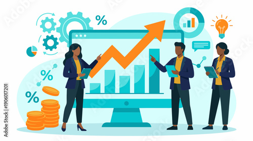 Business executives analyzing digital finance growth on a monitor showing bar graphs and an upward arrow, concept for investment, strategy and successful management