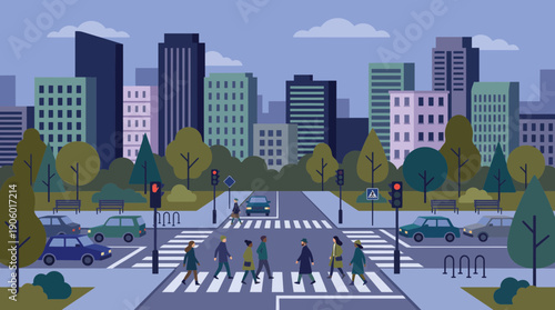 Flat illustration of diverse pedestrians crossing an urban street, featuring a city skyline, park and vehicles, concept for transportation infographics, city infrastructure and urban planning visuals