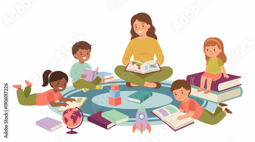 Diverse kids read with a female teacher surrounded by educational materials on a rug, concept for early childhood learning, educational resources and preschool marketing