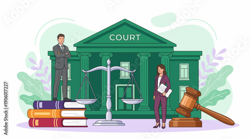 Professional lawyers standing before the court building featuring scales of justice, gavel and books, concept for legal representation, judicial services and law school resources