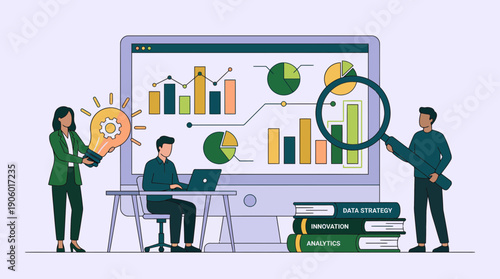 Vector illustration of business professionals performing data analysis and strategy review on a large monitor, concept for business intelligence, market research and corporate reporting