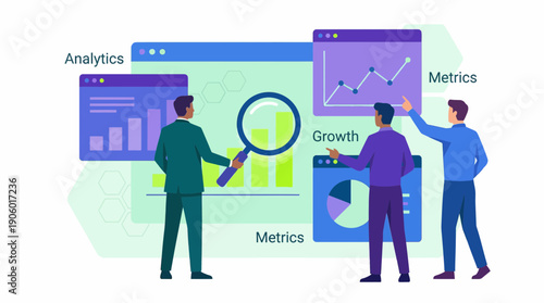 Three business executives analyzing digital dashboards with charts and graphs, concept for data visualization, business intelligence and market strategy
