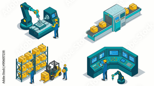 Isometric factory automation set showing robotics, logistics and control systems monitored by industrial engineers, concept for production planning, logistics efficiency and technological innovation
