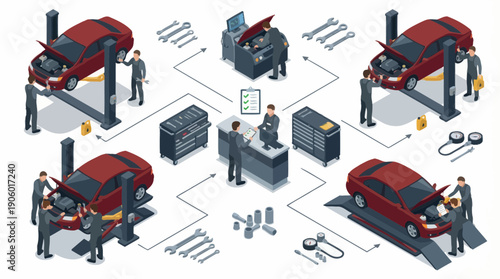 Isometric car repair service workflow diagram showing mechanics working on vehicles and service advisors, concept for maintenance process, industry infographics and auto repair training