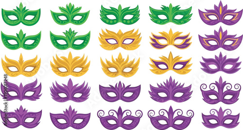 Assortment of Festive Carnival Masquerade Masks in Green Gold and Purple Hues for Party and Celebration Designs