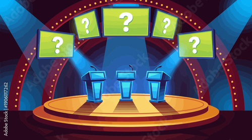 Cartoon vector stage illustration with three blue podiums, microphones and five screens showing question marks, concept for TV quiz programs, knowledge challenges and competition graphics
