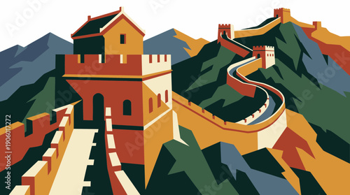 Abstract geometric illustration of the Great Wall of China winding through mountains, concept for travel posters, cultural history and international tourism