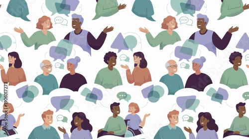 Seamless pattern of diverse people talking with speech bubbles on a white background, representing community dialogue, concept for social networking, team collaboration and communication technology