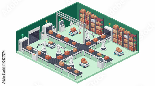 Automated smart factory isometric view showing robotic arms, AGVs and conveyor belts moving packages, concept for modern production management, digital transformation and efficient supply chain