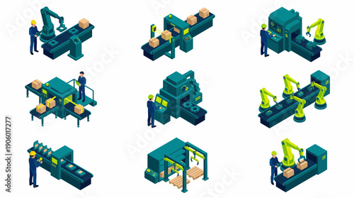 Isometric automation set showing robotic factory production line and logistics operated by industrial engineers, concept for modern manufacturing, smart logistics and technology presentation