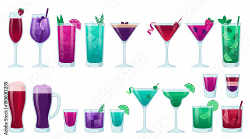 Collection of colorful alcoholic cocktails and mixed drinks in various stylized vector glassware, concept for bar menus, beverage packaging and party invitations