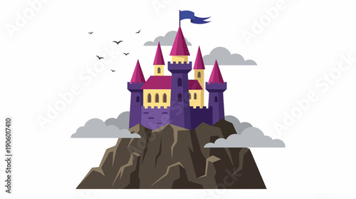 Majestic purple fantasy castle vector illustration on a high dark rocky mountain with clouds and birds, concept for game design, children's book illustration and fairytale media