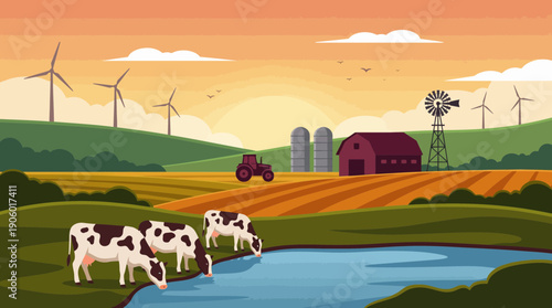 Scenic farm landscape vector at dusk with cows drinking water, barn, silos, tractor and wind turbines, concept for agriculture, sustainability and renewable energy promotion