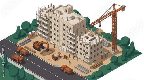 Detailed isometric illustration of a residential construction site with workers, scaffolding, crane and machinery, concept for civil engineering, property investment and housing infographics