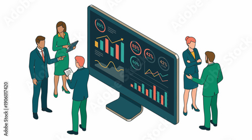 Group of professional business managers analyzing data charts on a large computer monitor in isometric style, concept for financial reporting, marketing strategy and corporate meeting