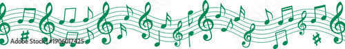 Green musical notes flowing in a wavy pattern across a white background, representing melody and harmony