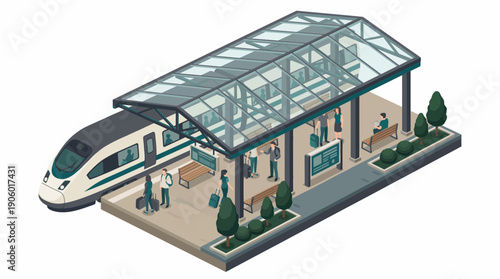 Isometric high-speed train stopped at a modern covered station platform with diverse commuters and their luggage, concept for urban planning, public transport and infrastructure system development