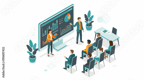 Male CEO and female manager present data analysis on screen to employees during seminar, concept for business training, financial reports and corporate education