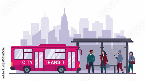 Diverse commuters waiting for a pink city transit bus at a modern urban stop illustration, concept for public transportation systems, urban mobility planning and daily commute graphics