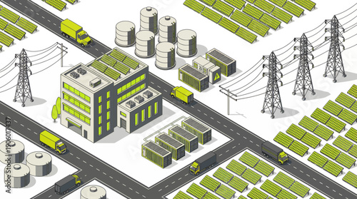 Isometric illustration of a solar powered industrial complex with factory, storage tanks, energy containers and trucks, concept for green logistics, sustainable infrastructure and power distribution