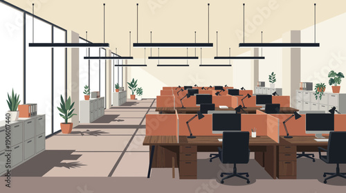 Modern open-plan office illustration showing cubicles, computers, filing cabinets and large windows with natural light, concept for business expansion, corporate identity and remote working