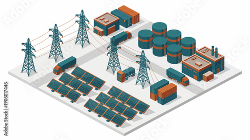 Isometric diagram of complex energy infrastructure with solar panels, power lines, storage tanks and factory, concept for renewable energy, logistics strategy and industrial complex development