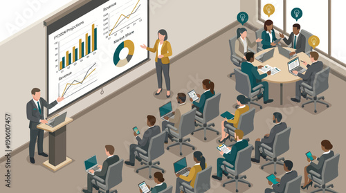 Business staff attending a financial data presentation by executives in an isometric conference setting, concept for corporate training, financial reporting and team brainstorming session