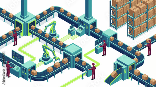Isometric factory automation diagram showing operatives, robotic arms and packages moving on conveyor belts into warehouse racks, concept for automation, logistics planning and industrial processes