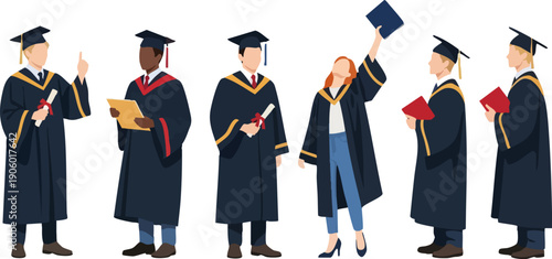 Diverse group of university graduates in academic gowns and caps, holding diplomas and books, vector illustration isolated on white