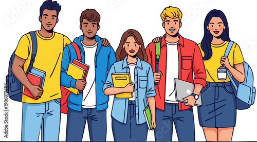 Diverse group of five young university students with backpacks and books, flat vector illustration isolated on white