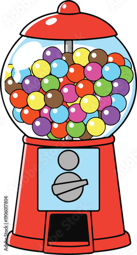 Modern red gumball machine dispenser, vibrant cartoon vector illustration