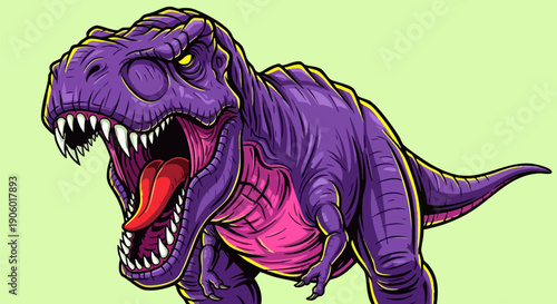 Purple T-Rex dinosaur vector illustration with open mouth and sharp teeth, cartoon style, isolated on light green background