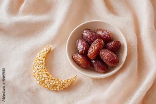 eid mubarak celebration, eid mubarak flat lay featuring gold crescent ornament, dates in bowl, beige linen, and diffused light