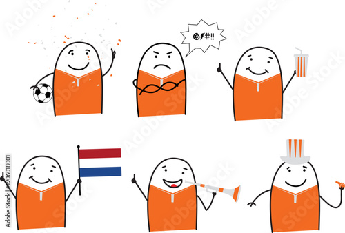 Minimalist doodle Netherlands soccer fans in five poses happy sad holding popcorn waving Netherlands flag blowing horn and cheering with whistle