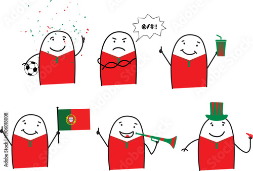 Minimalist doodle Portugal soccer fans in five poses happy sad holding popcorn waving Portugal flag blowing horn and cheering with whistle