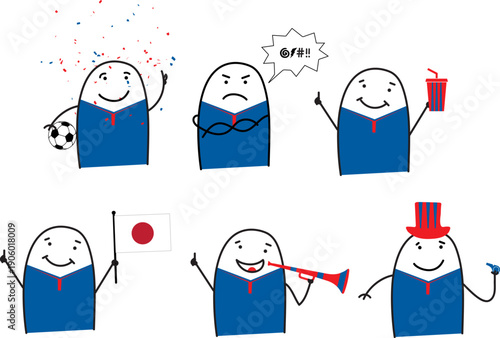 Minimalist doodle Japan soccer fans in five poses happy sad holding popcorn waving Japan flag blowing horn and cheering with whistle