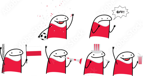 Minimalist doodle Poland soccer fans in five poses happy sad holding popcorn waving Poland flag blowing horn and cheering with whistle
