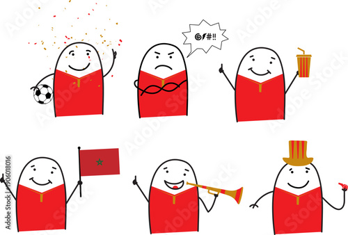 Minimalist doodle Morocco soccer fans in five poses happy sad holding popcorn waving Morocco flag blowing horn and cheering with whistle