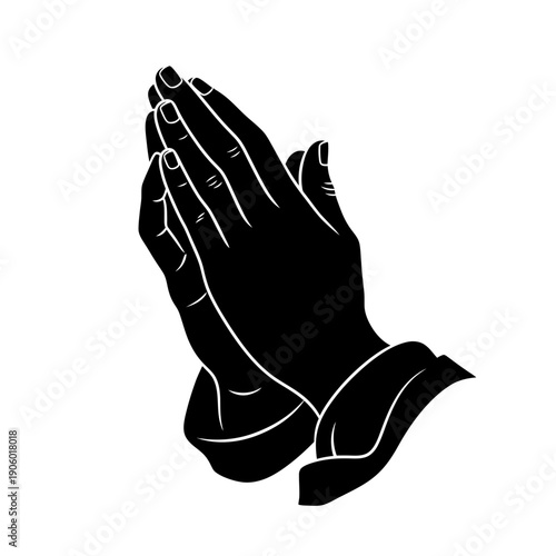 A black and white illustration of hands clasped together in prayer, symbolizing devotion and reverence