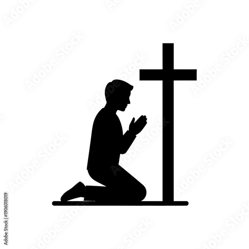 A person kneeling in prayer before a cross on good friday