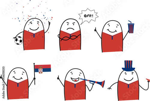 Minimalist doodle Serbia soccer fans in five poses happy sad holding popcorn waving Serbia flag blowing horn and cheering with whistle