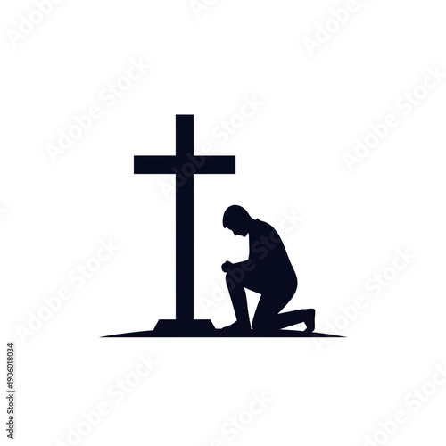 A silhouette of a person kneeling in prayer before a cross on good friday