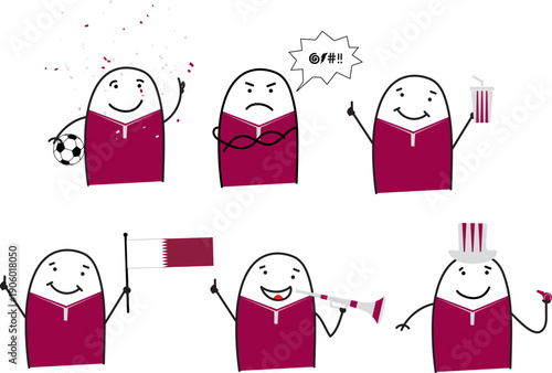 Minimalist doodle Qatar soccer fans in five poses happy sad holding popcorn waving Qatar flag blowing horn and cheering with whistle