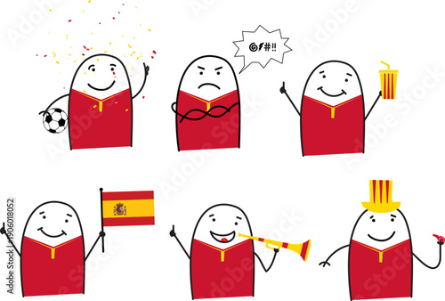 Minimalist doodle Spain soccer fans in five poses happy sad holding popcorn waving Spain flag blowing horn and cheering with whistle