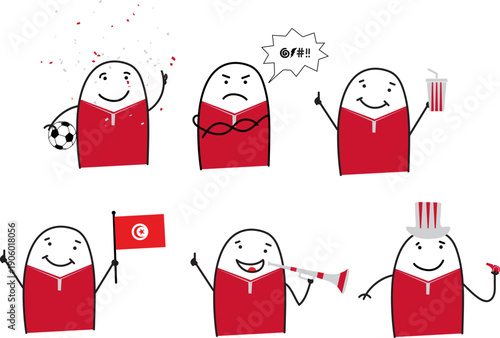 Minimalist doodle Tunisia soccer fans in five poses happy sad holding popcorn waving Tunisia flag blowing horn and cheering with whistle