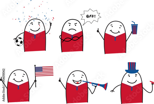Minimalist doodle United States soccer fans in five poses happy sad holding popcorn waving United States flag blowing horn and cheering with whistle