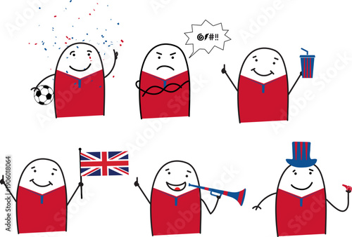 Minimalist doodle United Kingdom soccer fans in five poses happy sad holding popcorn waving United Kingdom flag blowing horn and cheering with whistle
