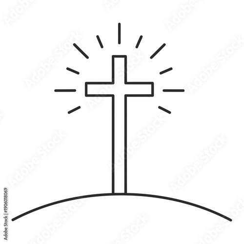 A symbolic representation of the cross on a hill with rays of light emanating from it