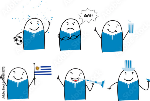 Minimalist doodle Uruguay soccer fans in five poses happy sad holding popcorn waving Uruguay flag blowing horn and cheering with whistle